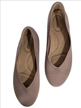 Veittes knitted ballet flats in a tan color with a comfortable, perforated insol
